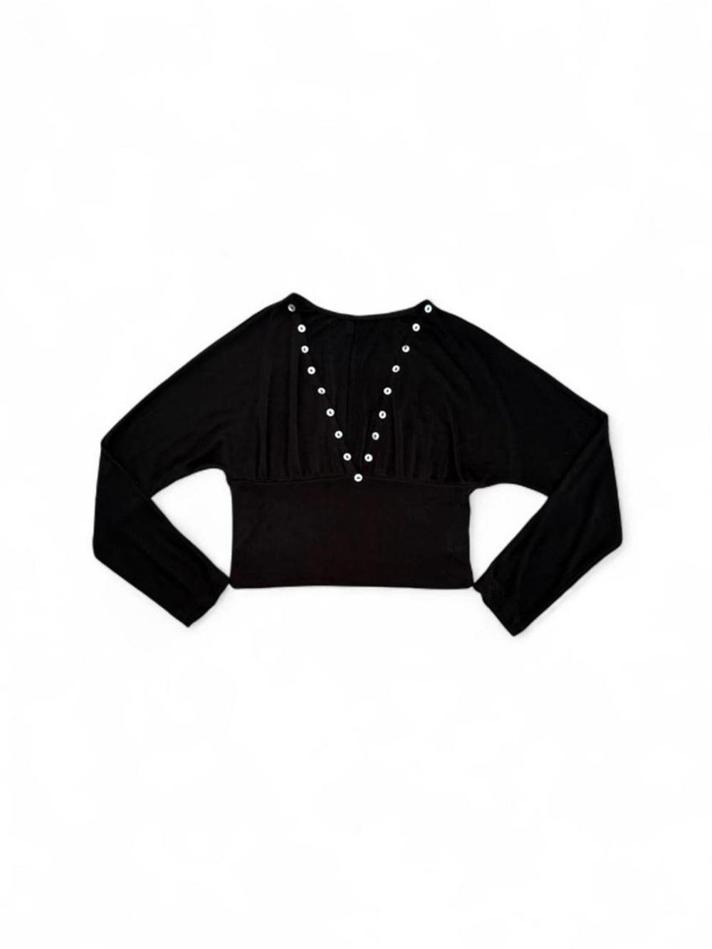 SHEIN Black Cropped V-Neck Button-Trim Long Sleeve Top
